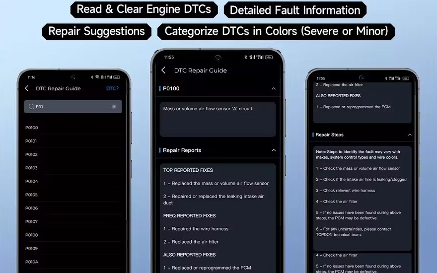 Examples of CarPal diagnostic information displayed in the app